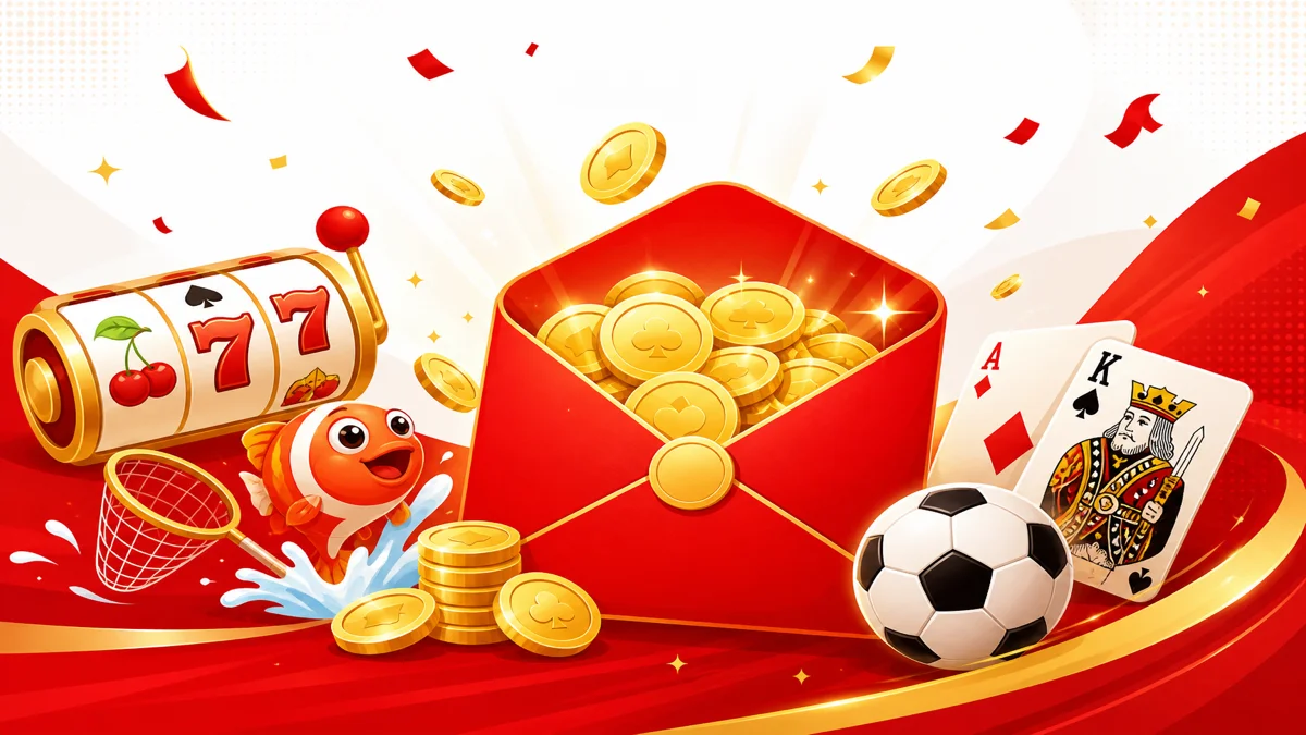Minh họa phong bao đỏ tràn đầy tiền xu vàng cùng máy nổ hũ, cá, bài và bóng đá